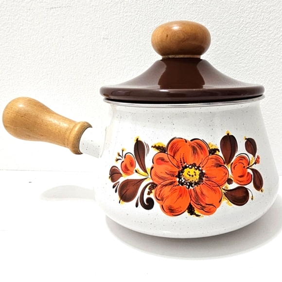 Vintage Sanko Ware Orange Poppy Enamel Fondue Pot with Lid & Wooden Handle - Picture 7 of 11